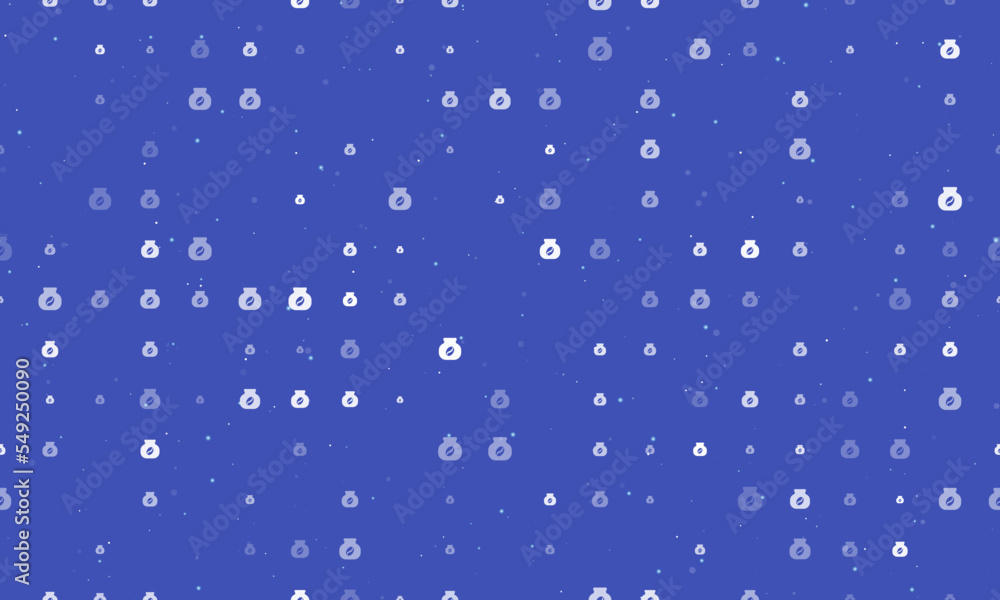 Seamless background pattern of evenly spaced white instant coffee symbols of different sizes and opacity. Vector illustration on indigo background with stars