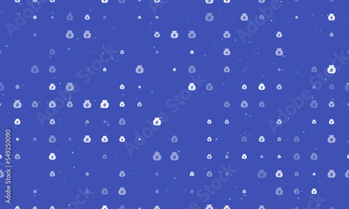 Seamless background pattern of evenly spaced white instant coffee symbols of different sizes and opacity. Vector illustration on indigo background with stars
