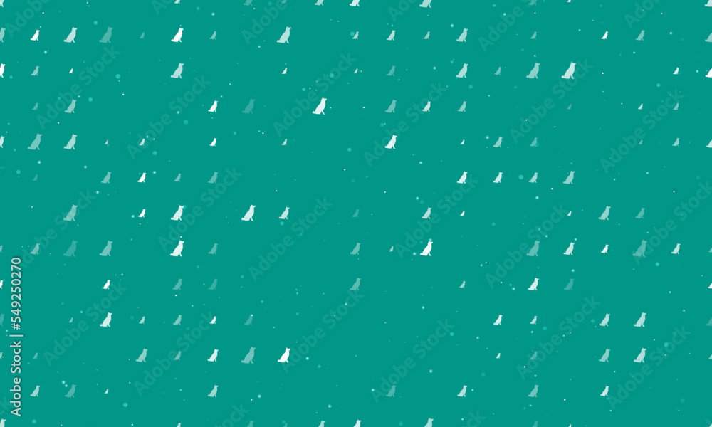 Seamless background pattern of evenly spaced white dog symbols of different sizes and opacity. Vector illustration on teal background with stars Seamless background pattern of evenly spaced white dog symbols of different sizes and opacity. Vector illustration on teal background with stars