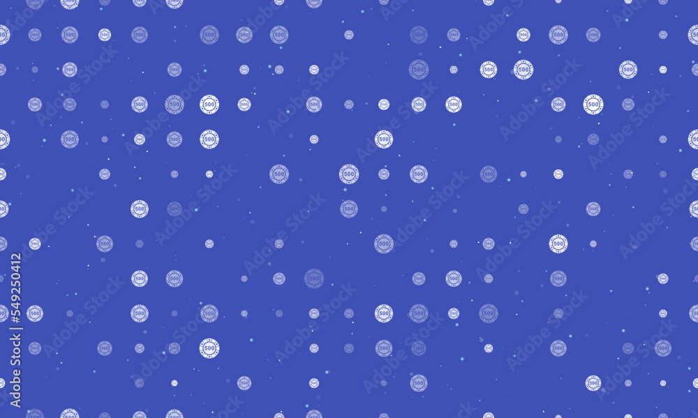 Seamless background pattern of evenly spaced white poker chip symbols of different sizes and opacity. Vector illustration on indigo background with stars