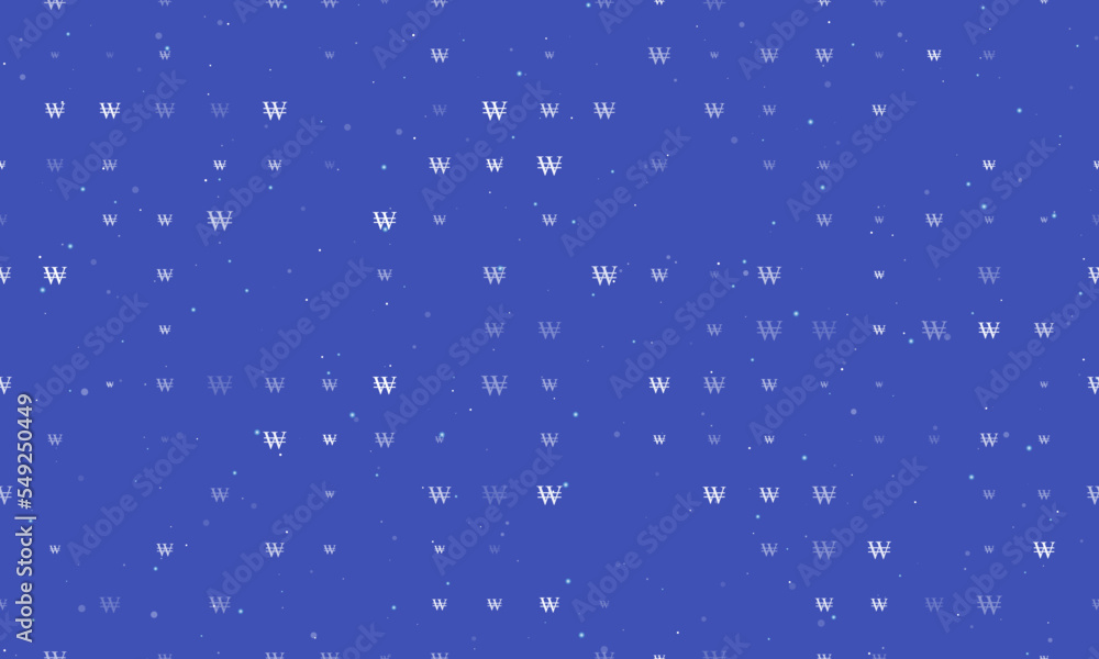 Seamless background pattern of evenly spaced white Korean won signs of different sizes and opacity. Vector illustration on indigo background with stars