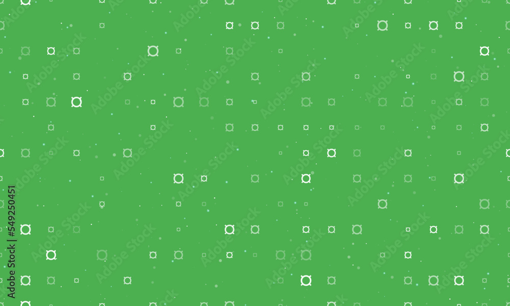 Seamless background pattern of evenly spaced white currency signs of different sizes and opacity. Vector illustration on green background with stars
