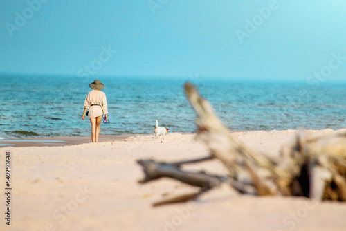 Plaża po której spaceruje Kobieta w kapeluszu, razem ze swoim  psem. Widok na morze, ocean plaże i leżący  konar drzewa.