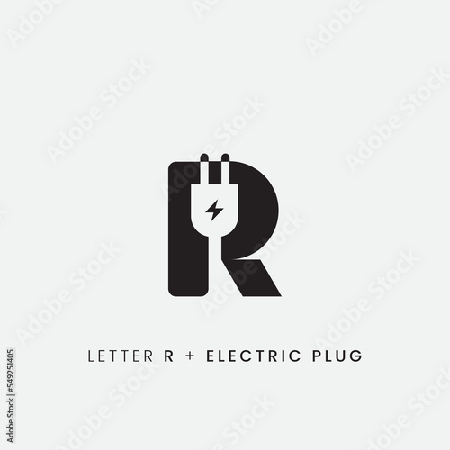 Letter R plus negative space electric plug logo icon