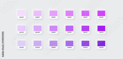 Colour palette catalog samples purple and violet in RGB HEX. Neumorphism style. Vector EPS 10
