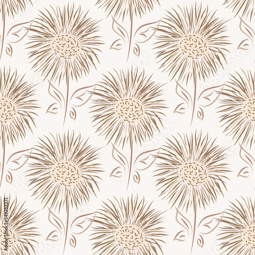 Inula flower seamless vector pattern background. Perennial cottage garden flowers neutral pastel backdrop. Giant Fleabane painterly geometric design. Maximalist cottagecore for summer, packaging