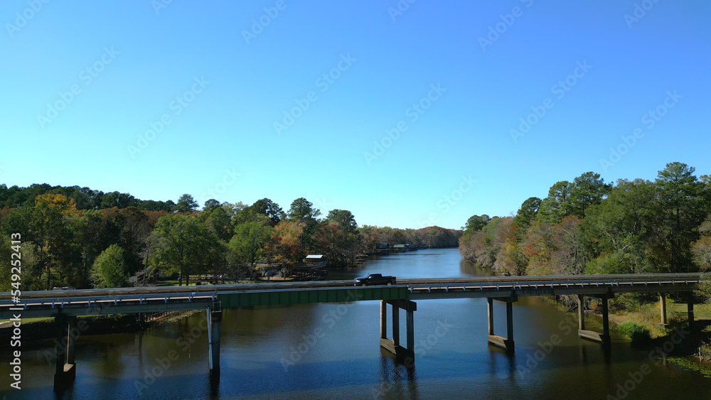 Fototapeta premium Big Cypress Bayou River at Caddo Lake State Park - aerial view