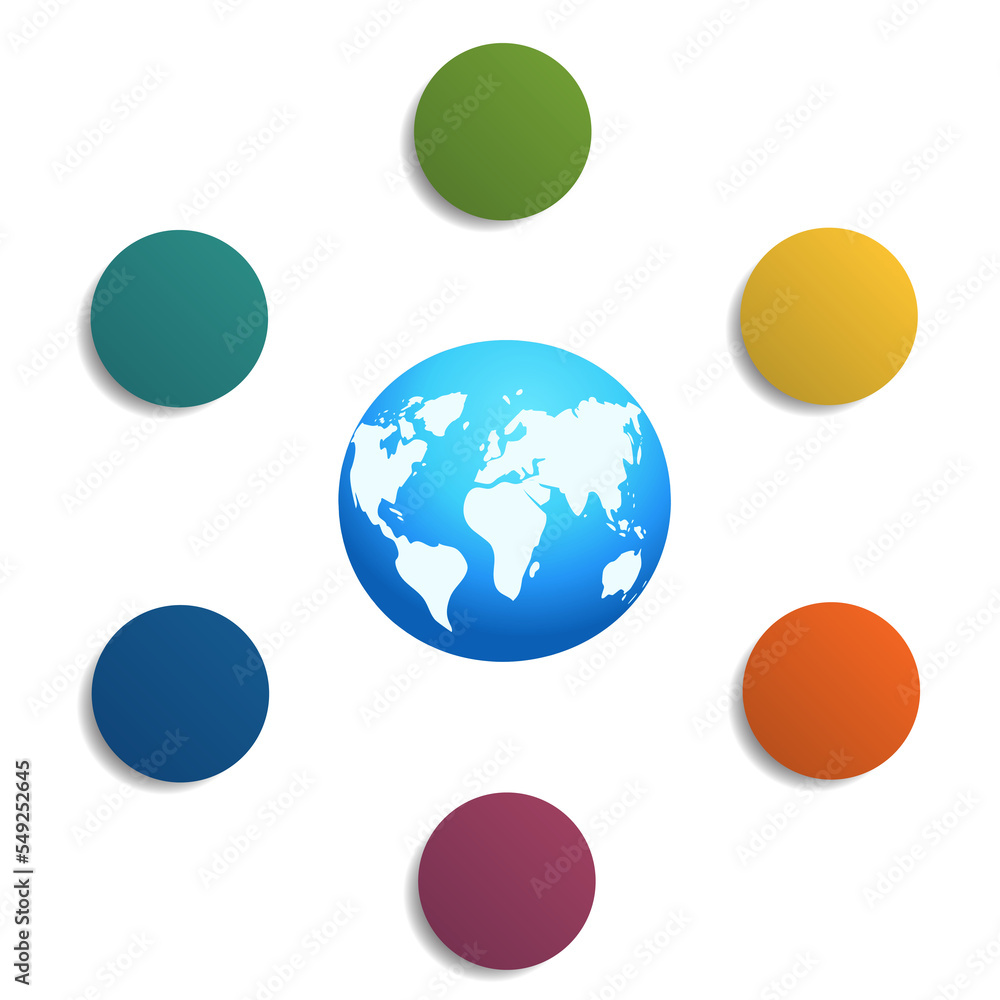 Template for infographics, the globe with a map and colored circles 6 positions Template for infographics, the globe with a map and colored circles 6 positions