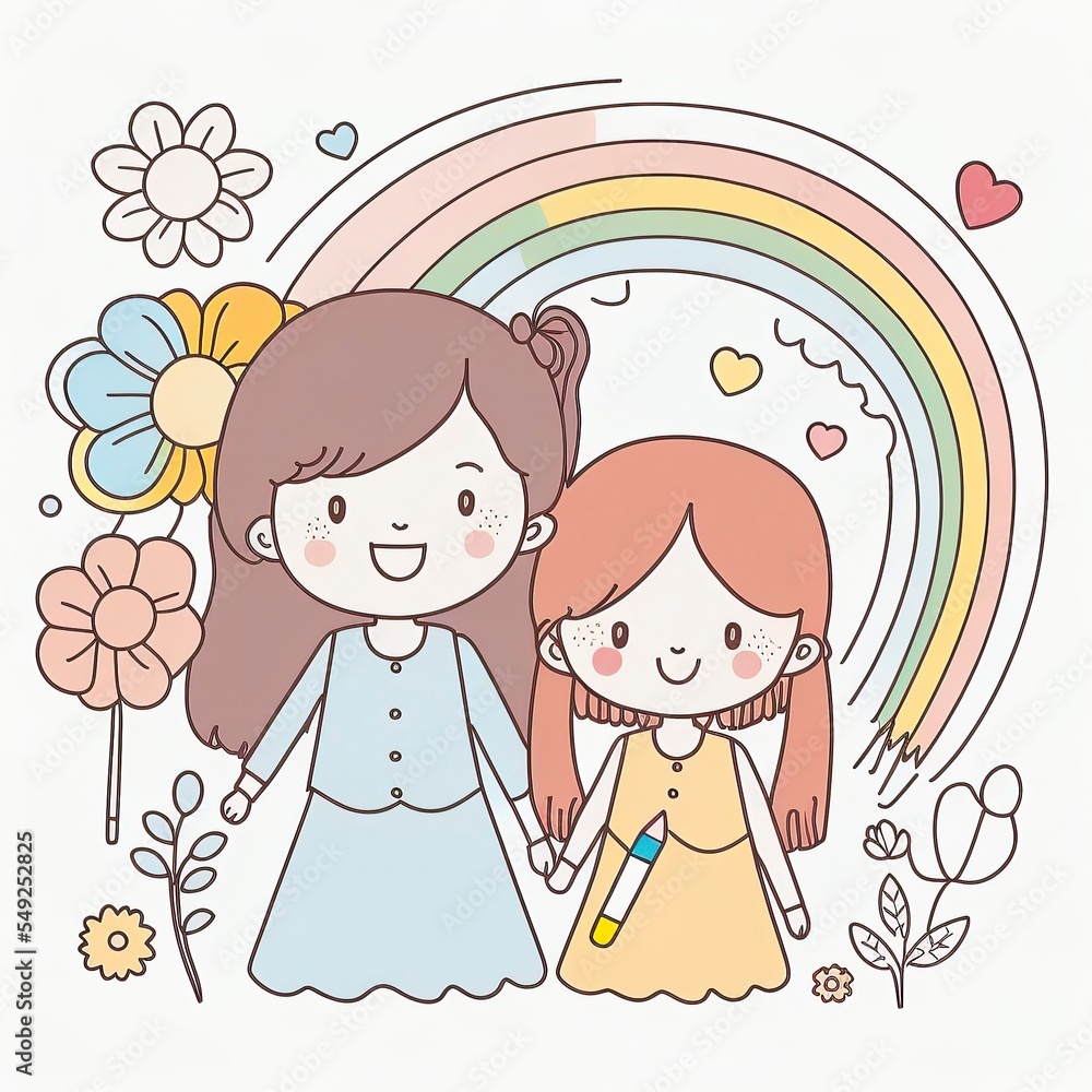 pastel cartoon mothers day for greeting card, social media, clip art, clipart, gift. mother and daughter together doing activies pastel cartoon mothers day for greeting card, social media, clip art, clipart, gift. mother and daughter together doing activies