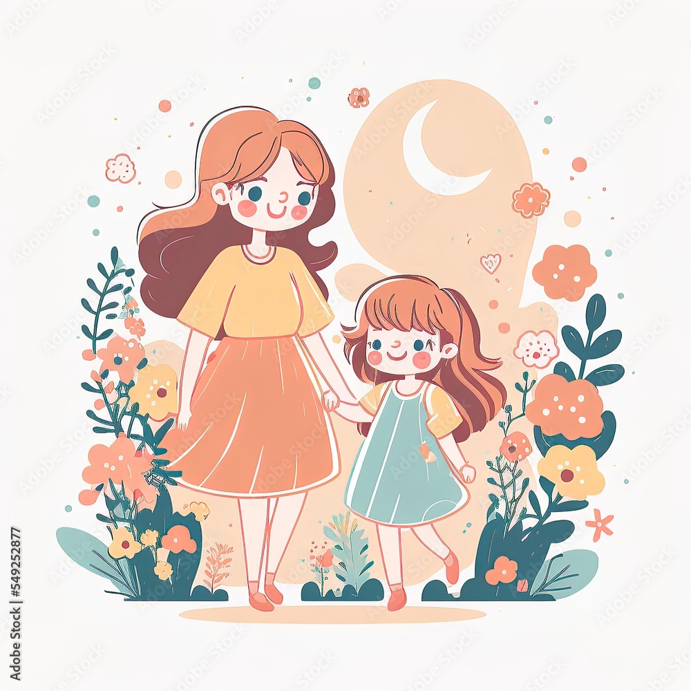 pastel cartoon mothers day for greeting card, social media, clip art, clipart, gift. mother and daughter together doing activies pastel cartoon mothers day for greeting card, social media, clip art, clipart, gift. mother and daughter together doing activies