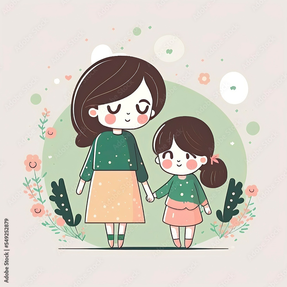pastel cartoon mothers day for greeting card, social media, clip art, clipart, gift. mother and daughter together doing activies pastel cartoon mothers day for greeting card, social media, clip art, clipart, gift. mother and daughter together doing activies