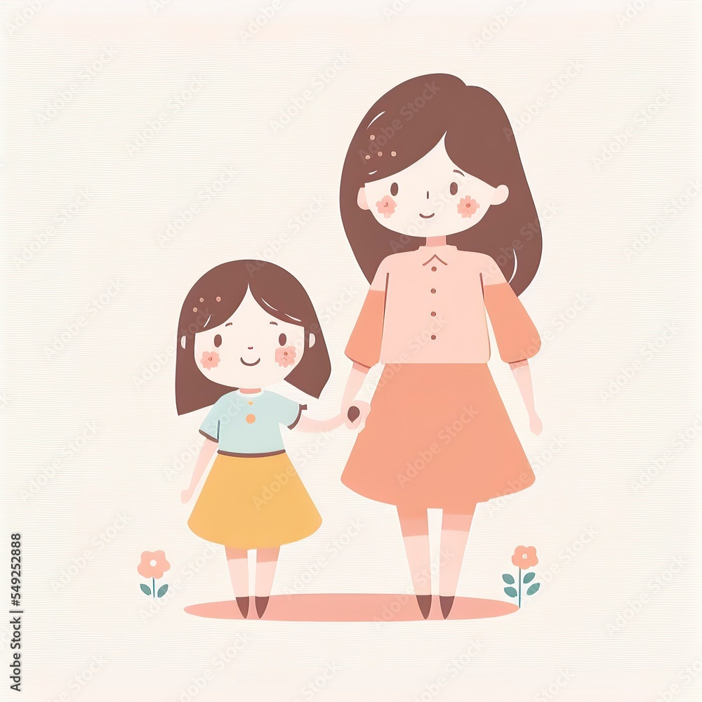 pastel cartoon mothers day for greeting card, social media, clip art, clipart, gift. mother and daughter together doing activies pastel cartoon mothers day for greeting card, social media, clip art, clipart, gift. mother and daughter together doing activies