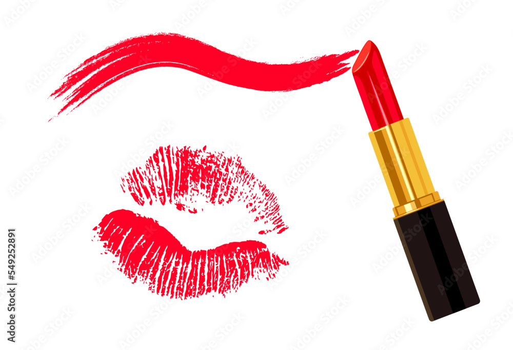 Lipstick with stain and lip print, kiss isolated on white background. An open tube of red lipstick. Vector illustration. Logo. Banner. Design of a cosmetic product Lipstick with stain and lip print, kiss isolated on white background. An open tube of red lipstick. Vector illustration. Logo. Banner. Design of a cosmetic product