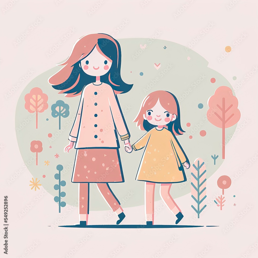 pastel cartoon mothers day for greeting card, social media, clip art, clipart, gift. mother and daughter together doing activies pastel cartoon mothers day for greeting card, social media, clip art, clipart, gift. mother and daughter together doing activies