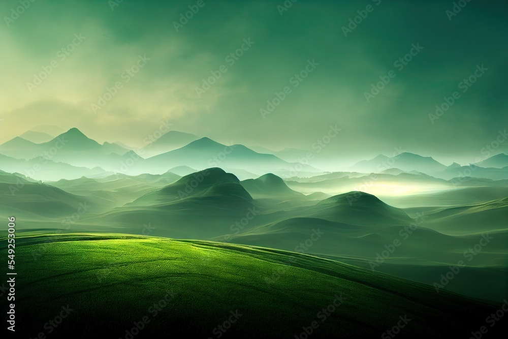 Grren mountain and foggy morning background Generative AI Grren mountain and foggy morning background Generative AI