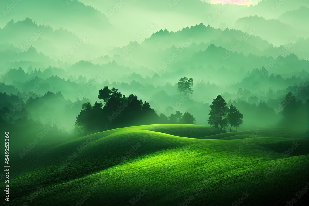 Fototapeta premium Grren mountain and foggy morning background Generative AI