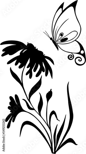 black graphic drawing silhouette of a chamomile flower with a flying butterfly, isolated element, decor
