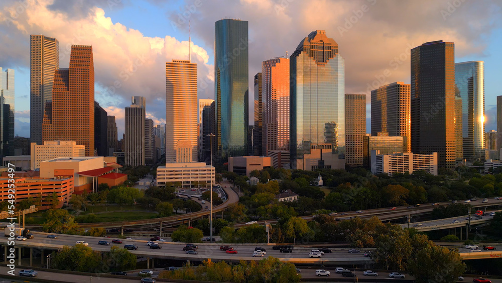 Fototapeta premium Skyline of Houston Texas at sunset - aerial view