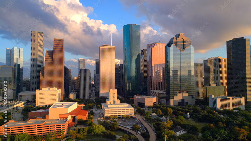 Skyline of Houston Texas at sunset - HOUSTON, TEXAS - OCTOBER 30, 2022