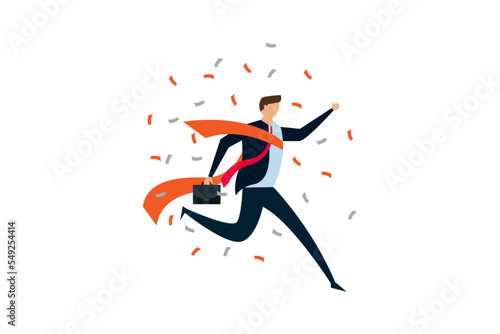 Business winner reaching goal, success celebration, joyful smart businessman worker running reaching goal at the finishing line as first winner.