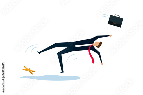 Business mistake or accident, insurance. businessman running and slipping with big banana peels on the ground.