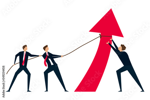 Teamwork and collaboration colleagues, group of businessmen and women office workers help and support to pull arrow rising up.