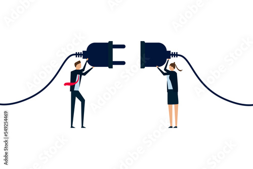 Business partnership, teamwork collaboration. office people holding electric plug to connecting business.