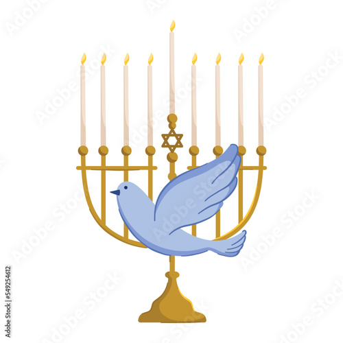 Menorah with dove vector clipart. Jewish symbol illustration. Hanukkah holidays