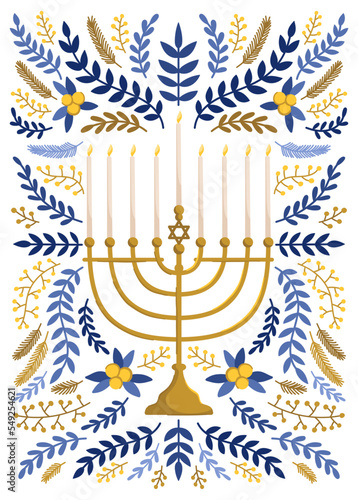 Menorah with florals vector print. Jewish symbols clipart. Hanukkah holidays