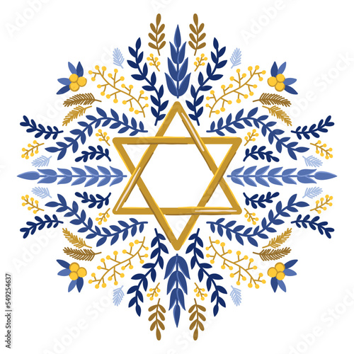 Star of David with floral vector illustration. Jewish symbol clipart. Hanukkah holidays