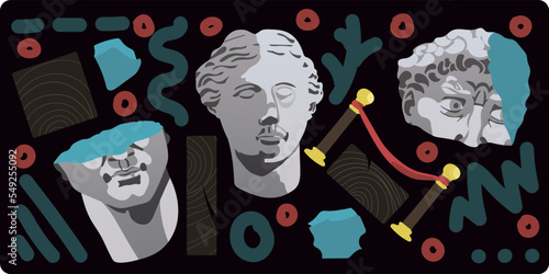 Art objects for exhibitions of classical and modern art and culture, sculpture and music. Illustrations, plaster busts, marble statues and abstract shapes and lines