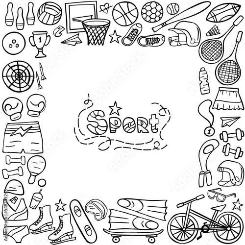 Template sport doodle set on white. Sports equipment and training supplies. Vector illustration.