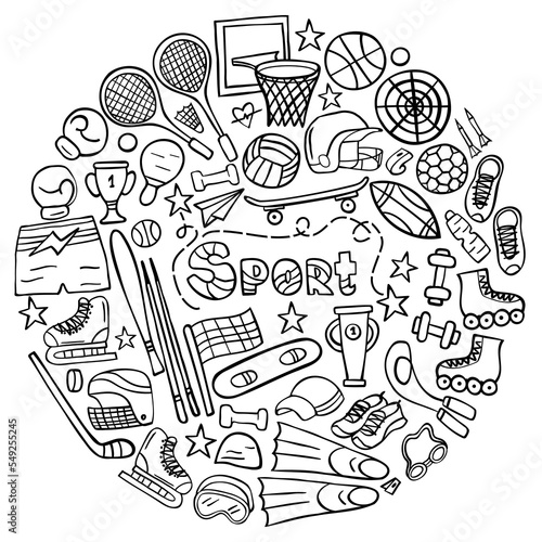 Hand drawn sport doodle set on white. Sports equipment and training supplies. Vector illustration.