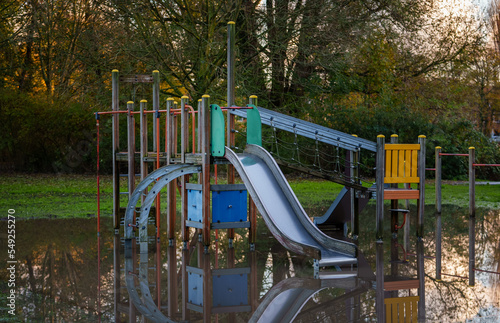 Playground flooded after autumn rains.