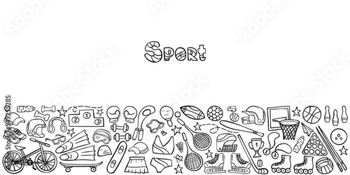 Banner sport doodle set on white. Sports equipment and training supplies. Vector illustration.