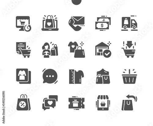 Online store. Delivery, contact, faq, reviews and catalog. Dropshipping. Add to basket. Online shop. Vector Solid Icons. Simple Pictogram