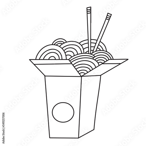 Traditional Wok noodles in takeout carton box with chopsticks. Asian food. outline doodle, contour drawing, coloring page. Vector illustration isolated on white background