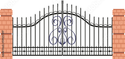 Bricks or stone protect gates with metal plating, protective timber entrance gateway fence flat vector illustration, isolated on white.