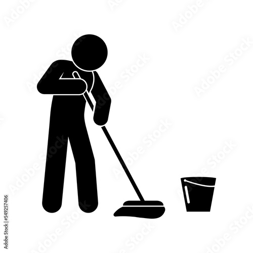 man washes the floor, cleaning icon, carefully, slippery wet floor
