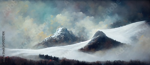 Snowy mountain foggy painting landscape Generative AI © Whitefeather