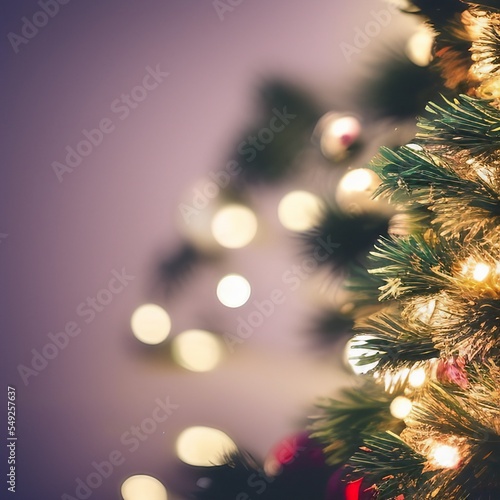 Christmas Tree Closeup With Baubles And Blurred Shiny Lights