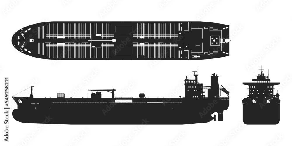 Tanker black silhouette. Cargo ship industrial blueprint. Petroleum boat view top, side and front. Isolated vehicle drawing. Commerce water transport