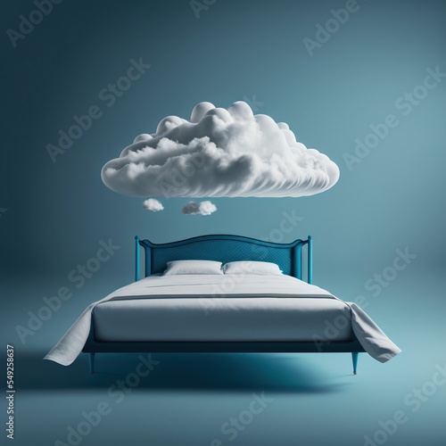 Double bed hovering in air with clouds above. generative ai photo