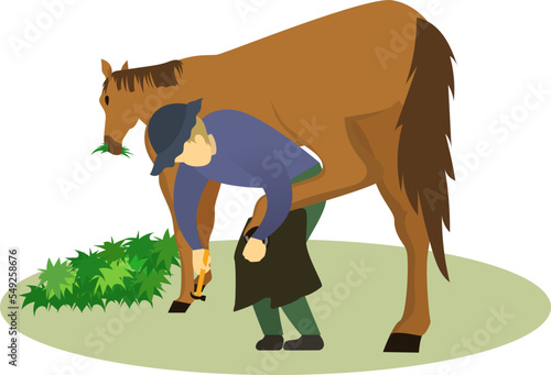 Horseshoe symbol or label, installing a  horseshoe vector illustration, the horse herdsman is putting the horseshoes on, farmer shoe a horse