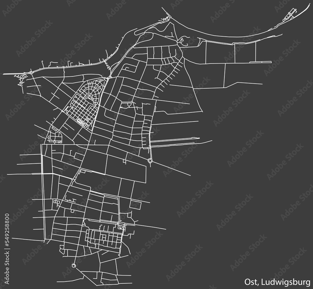 Detailed negative navigation white lines urban street roads map of the OST (SCHLÖSSLESFELD) MUNICIPALITY of the German regional capital city of LUDWIGSBURG, Germany on dark gray background