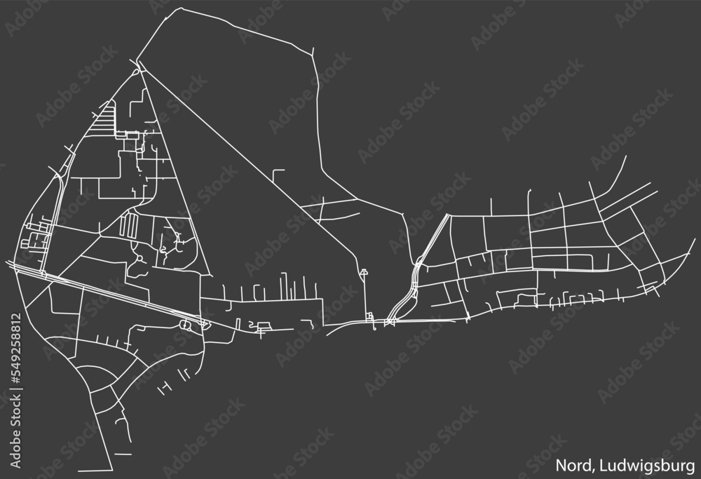 Detailed negative navigation white lines urban street roads map of the NORD MUNICIPALITY of the German regional capital city of LUDWIGSBURG, Germany on dark gray background