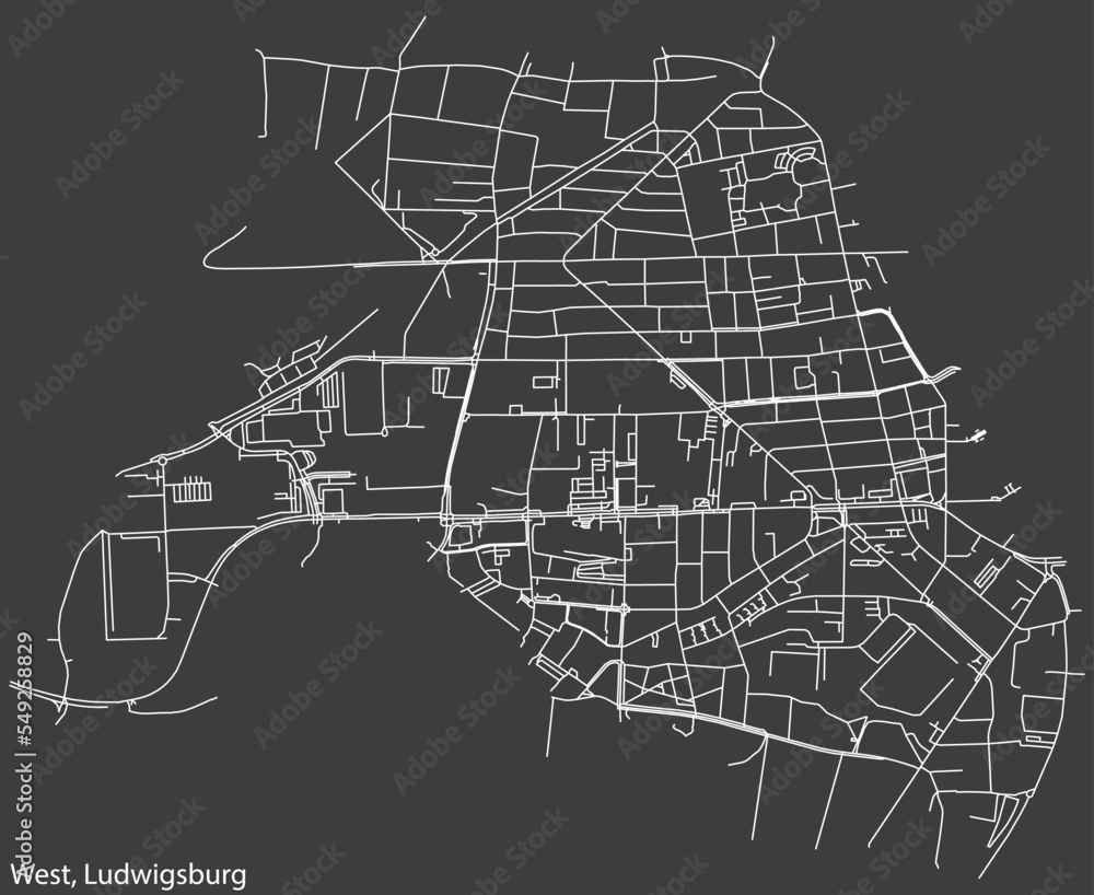 Detailed negative navigation white lines urban street roads map of the WEST MUNICIPALITY of the German regional capital city of LUDWIGSBURG, Germany on dark gray background