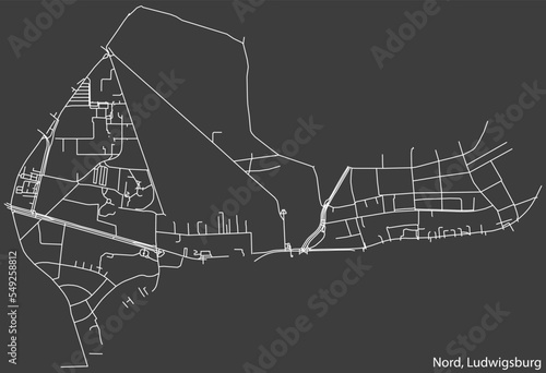 Detailed negative navigation white lines urban street roads map of the NORD MUNICIPALITY of the German regional capital city of LUDWIGSBURG, Germany on dark gray background