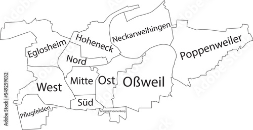 White flat vector administrative map of LUDWIGSBURG, GERMANY with name tags and black border lines of its municipalities
