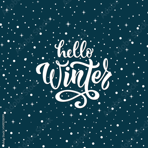 Hello winter handwritten text. Hand lettering. Modern brush calligraphy on dark blue sky background with snowflakes. Vector illustration for winter holidays greeting card  banner  flyer  postcard